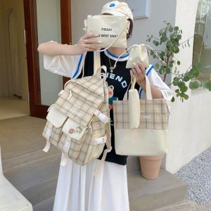 Gifts Shop office ادوات مكتبية 5-piece Set Fashion Women's Backpack Plaid Style School Bag For Girls Oxford Cloth Large Capacity Backpack With Many Pockets