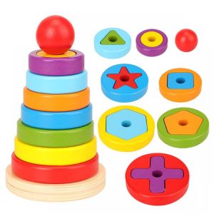 Rainbow Pyramid Blocks Wooden Rainbow Tower Nesting Stacking Color Cognition Toy Early Educational Puzzle Reaction Kids Toys